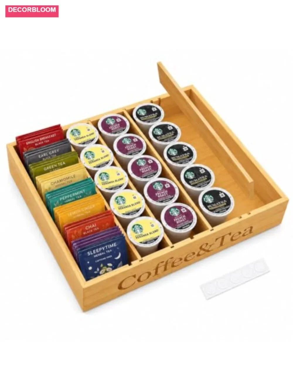 Bamboo Coffee & Tea Bag Organizer Box with 7 Adjustable Slots and Removable